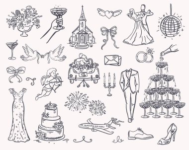 Tuhaf düğün - sihirli bir düğün tasarımı için elle çizilmiş illüstrasyon