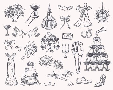 Tuhaf düğün - sihirli bir düğün tasarımı için elle çizilmiş illüstrasyon