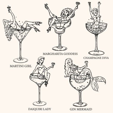 Kokteyl bardaklı güzel kadın çizimleri. Martini, şampanya, margharita, daiquiri ve cin bardakta deniz kızı. Bekarlığa veda partisi için.