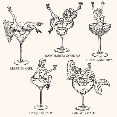 Kokteyl bardaklı güzel kadın çizimleri. Martini, şampanya, margharita, daiquiri ve cin bardakta deniz kızı. Bekarlığa veda partisi için.