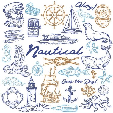 Tuhaf Denizcilik el çizimleri, vektör kümesi, koleksiyon