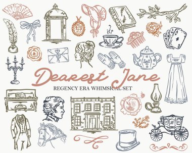Sevgili Jane Whimsical Set Vektör Koleksiyonu - Jane Austen 'ın el çizimi illüstrasyonları