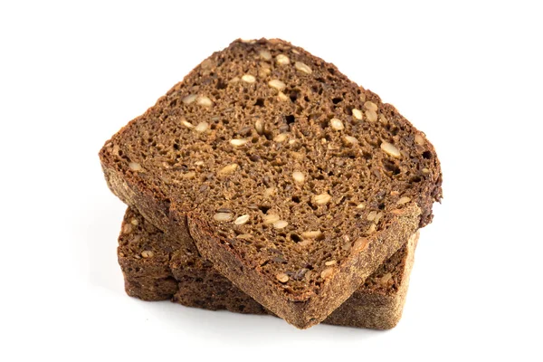 Rogge Zwart Brood Plakjes Met Zaden Geïsoleerd Witte Achtergrond — Stockfoto