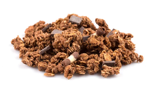 Macro close up of chocolate muesli with pieces of chocolate