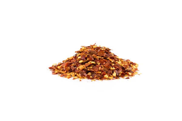Pile Crushed Red Pepper Dried Chili Flakes Seeds Isolated White — Stock Photo, Image
