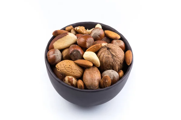 Velká Rozmanitost Zdravých Ořechů Tmavé Kamenné Mísy Izolovaný — Stock fotografie