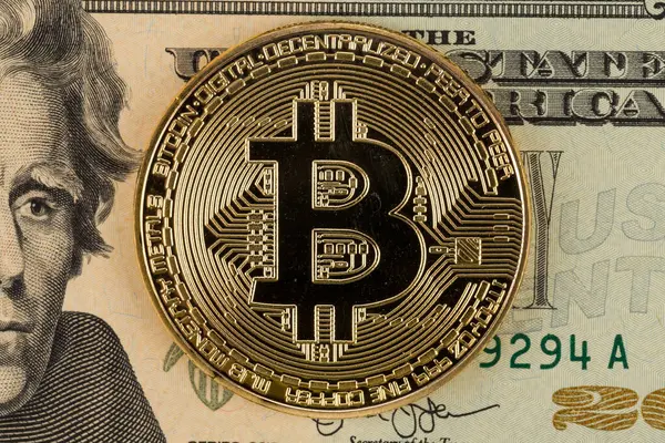 Golden Bitcoin Dollar Background Bitcoin Cryptocurrency Coin — Foto de Stock