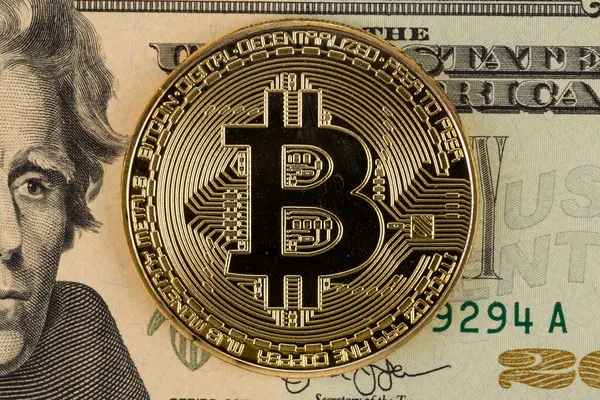 Golden Bitcoin Dollar Background Bitcoin Cryptocurrency Coin — 스톡 사진