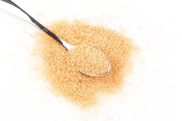 Brauner Zucker Einem Löffel Auf Weißem Hintergrund — Stockfoto