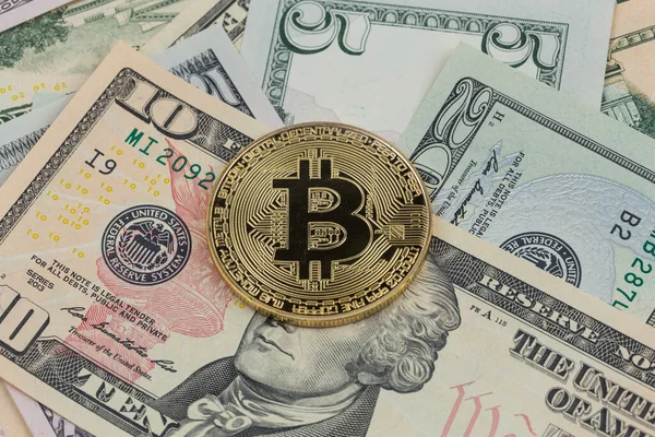 Golden Bitcoin Coin Paper Dollars Money Virtual Crypto Currency Currency Fotos De Stock