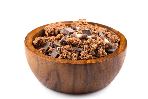 Close Chocolate Muesli Pieces Chocolate Bowl White Isolated Background —  Fotos de Stock