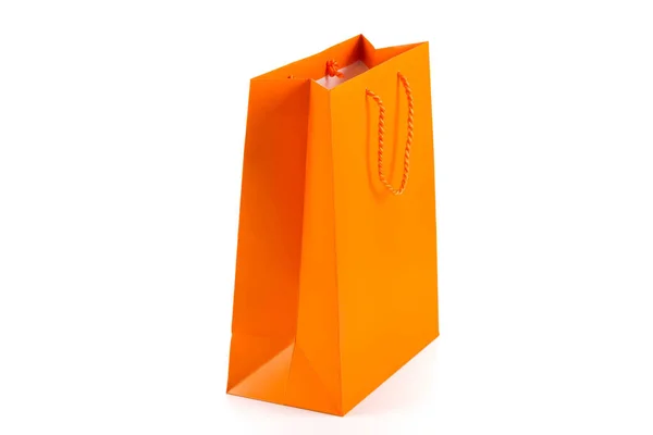 Orange Paper Shopping Bag Isolated White Diagonal Angle — Zdjęcie stockowe
