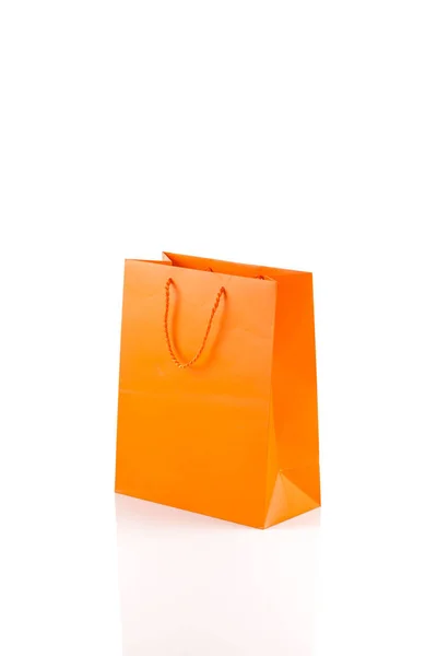 Orange Paper Shopping Bag Isolated White Diagonal Angle — Stock fotografie