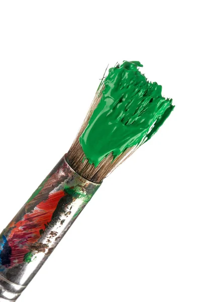 Pinsel Mit Grüner Farbe Isoliert Auf Weißem Hintergrund — Stockfoto