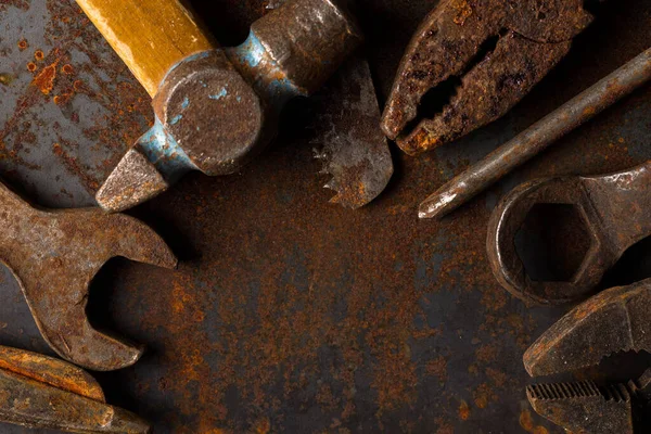 Dirty Set Hand Old Rusty Tools Equipment Locksmith Metalworking Shop — Stock Photo, Image