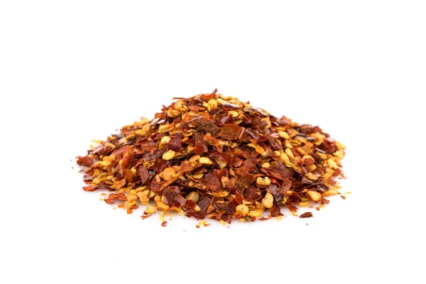 Pile Crushed Red Pepper Dried Chili Flakes Seeds Isolated White — Stock Photo, Image