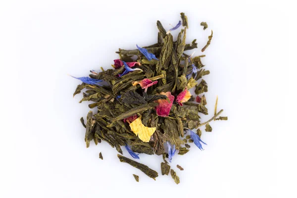 Aromatisierter Grüner Tee Mit Rosenblättern Und Exotischen Früchten Mango Gelber — Stockfoto
