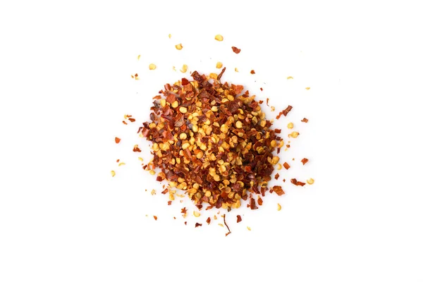 Der Haufen Einer Zerkleinerten Roten Paprika Getrocknete Chiliflocken Und Samen — Stockfoto