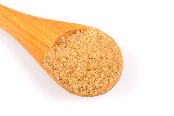 Brauner Zucker Einem Holzlöffel Auf Weißem Hintergrund — Stockfoto