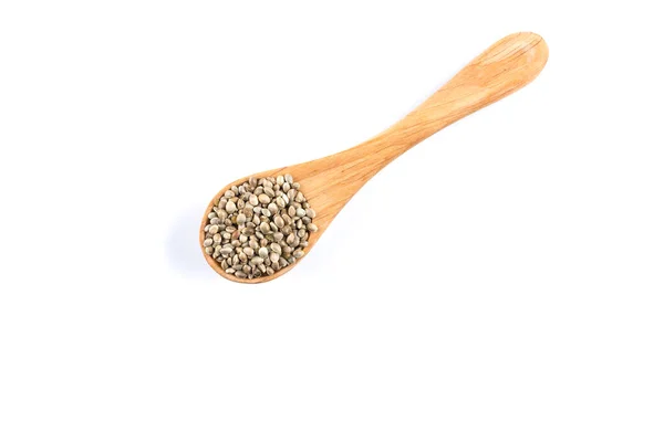 Cannabis Hemp Seeds Wooden Spoon Close Macro Shot Isolated White — Stock Photo, Image