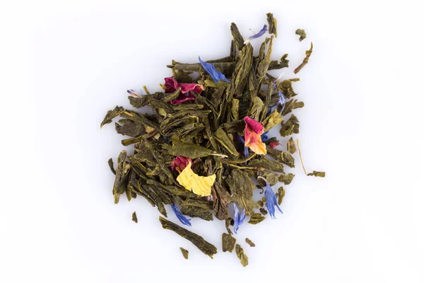 Aromatisierter Grüner Tee Mit Rosenblättern Und Exotischen Früchten Mango Gelber — Stockfoto