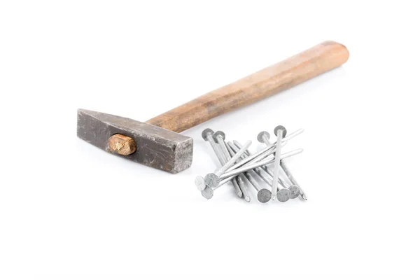 Old Hammer Wooden Handle Some Nails White Table — Stock Photo, Image