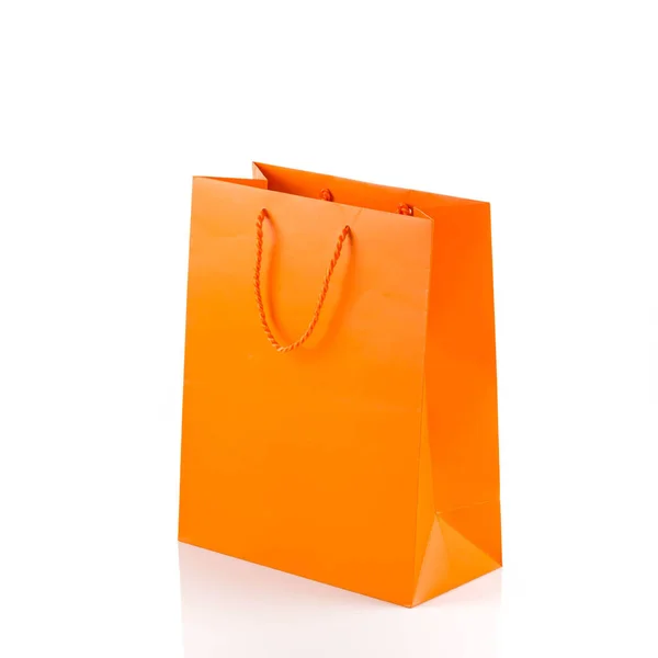 Orange Paper Shopping Bag Isolated White Diagonal Angle — Photo
