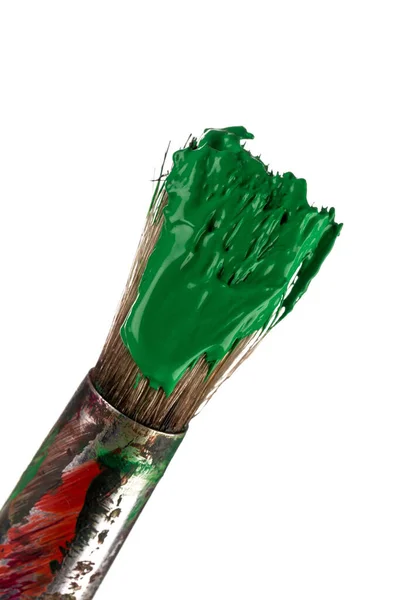 Spazzola Con Vernice Verde Isolata Sfondo Bianco — Foto Stock