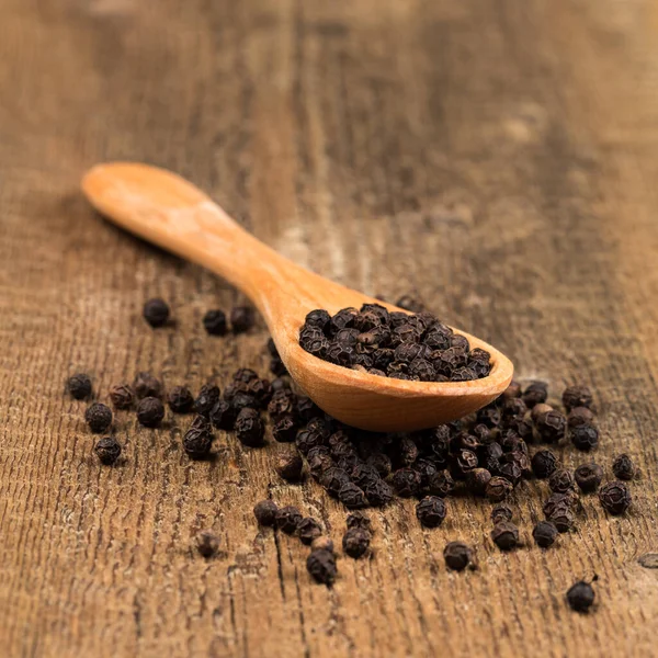 Black Pepper Wooden Spoon Wood Background — Stock Photo, Image