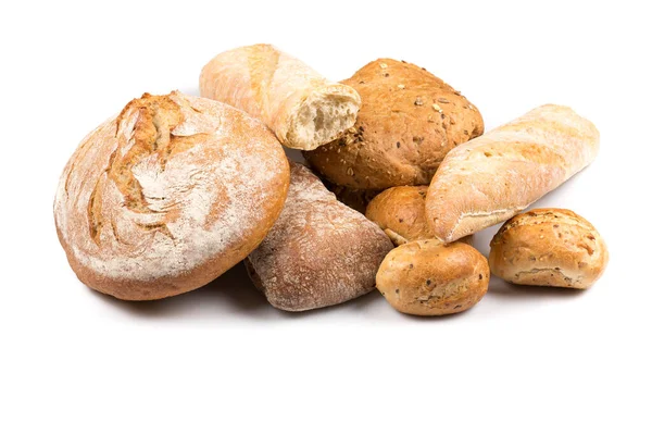 Složení Chlebem Buchtami Rolkami Izolované Bílém Pozadí — Stock fotografie