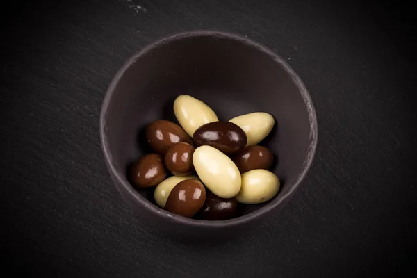 Almonds White Dark Milk Chocolate Bowl Stone Board — Stock Photo, Image