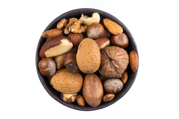 Большое Разнообразие Здоровых Орехов Темной Каменной Чаше Изолированные — стоковое фото