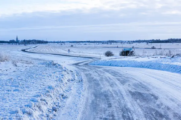 Platteland Weg Door Winterveld Met Bos Aan Een Horizon — Stockfoto