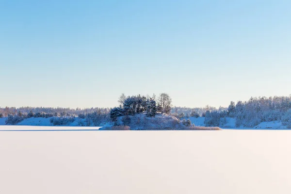 Zugefrorener See Mit Eis Und Schnee Sonniger Wintertag Wald — Stockfoto
