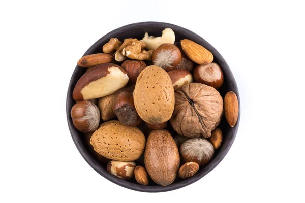Большое Разнообразие Здоровых Орехов Темной Каменной Чаше Изолированные — стоковое фото