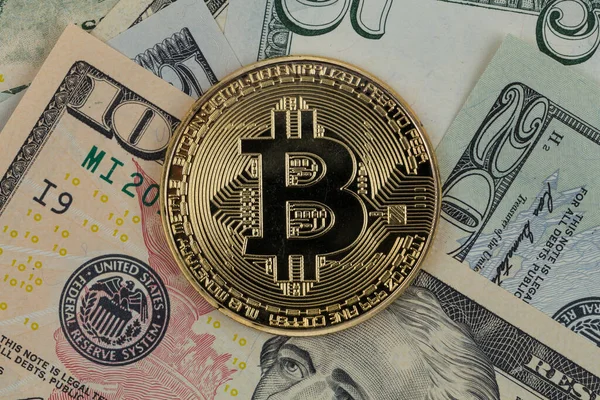 Golden Bitcoin Mønt Papir Dollars Penge Virtuel Krypto Valuta Valuta - Stock-foto