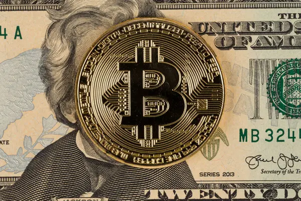 Golden Bitcoin Dollar Baggrund Bitcoin Cryptocurrency Mønt - Stock-foto