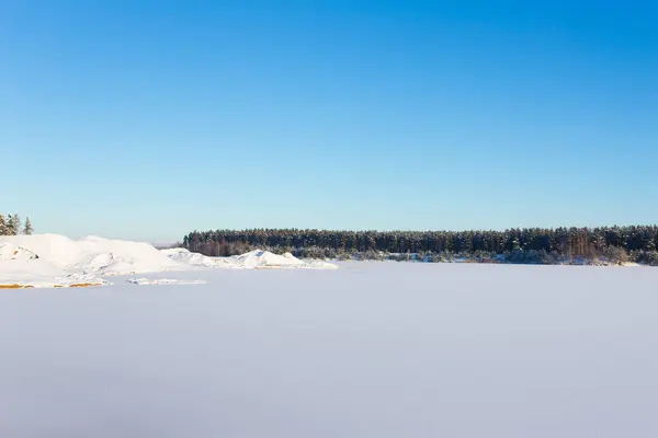 Замерзшее Озеро Льдом Снегом Солнечный Зимний День Лес — стоковое фото