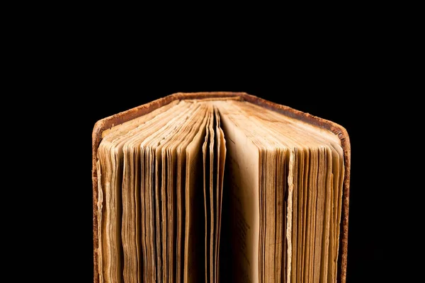 Libro Antico Girato Sfondo Nero Libro Cattive Condizioni — Foto Stock