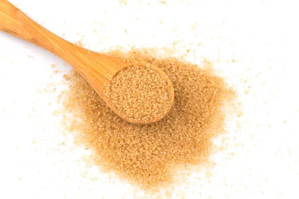 Brauner Zucker Einem Holzlöffel Auf Weißem Hintergrund — Stockfoto