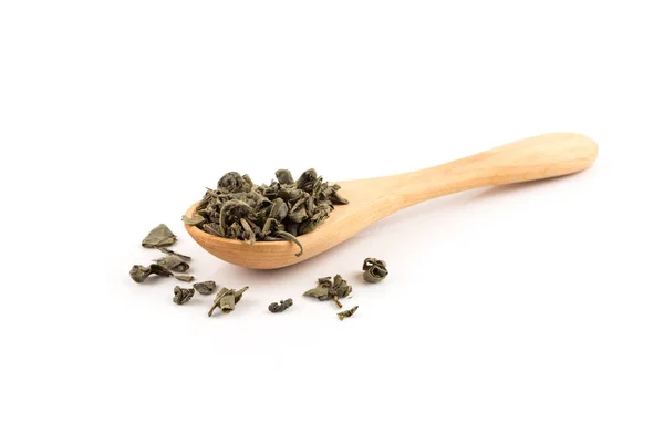 Schwarzpulver Grüner Tee Löffel Isoliert Auf Weißem Hintergrund Stockbild