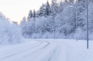 günbatımı sırasında kar - kış akşam orman yolu ile kaplı