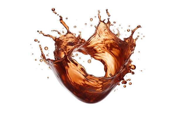 3d rendering of cola splash in motion, heart shape, isolated on white background.
