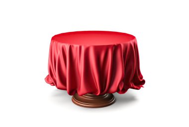 Beyaz arkaplanda izole edilmiş kırmızı ipek kumaşla kaplı yuvarlak sunum kaidesinin 3D görüntülenmesi.