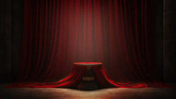 3d rendering of round presentation pedestal covered with red silk cloth, illuminated by spot light.