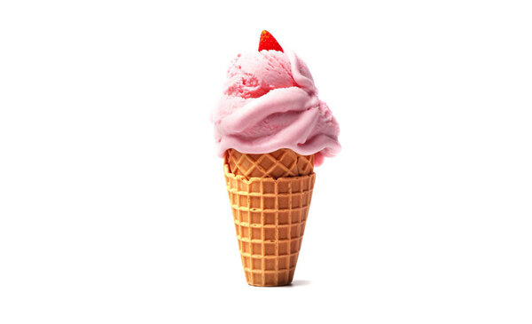 Delicious strawberry ice cream with cone, isolated on white background.