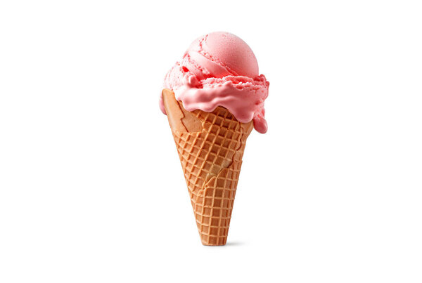 Delicious strawberry ice cream with cone, isolated on white background.