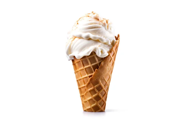 白い背景に隔離されたコーンが付いているおいしいクリーミーなアイスクリーム ストック写真