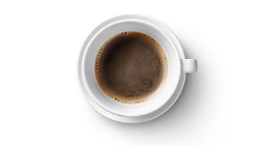 Kabarcıklı kahve fincanının üst görüntüsü, beyaz arka planda izole edilmiş, 3 boyutlu görüntüleme ve fotoğraf yönlendirme.