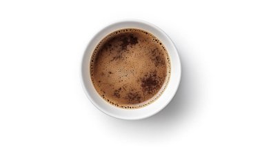 Kabarcıklı kahve fincanının üst görüntüsü, beyaz arka planda izole edilmiş, 3 boyutlu görüntüleme ve fotoğraf yönlendirme.